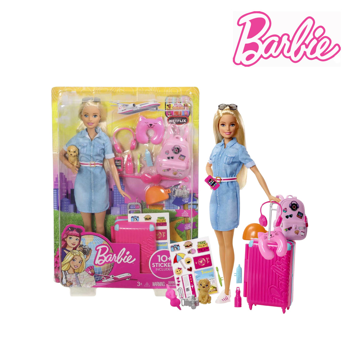 Barbie FWV25 Travel Doll, Blonde, with Puppy and Suitcase