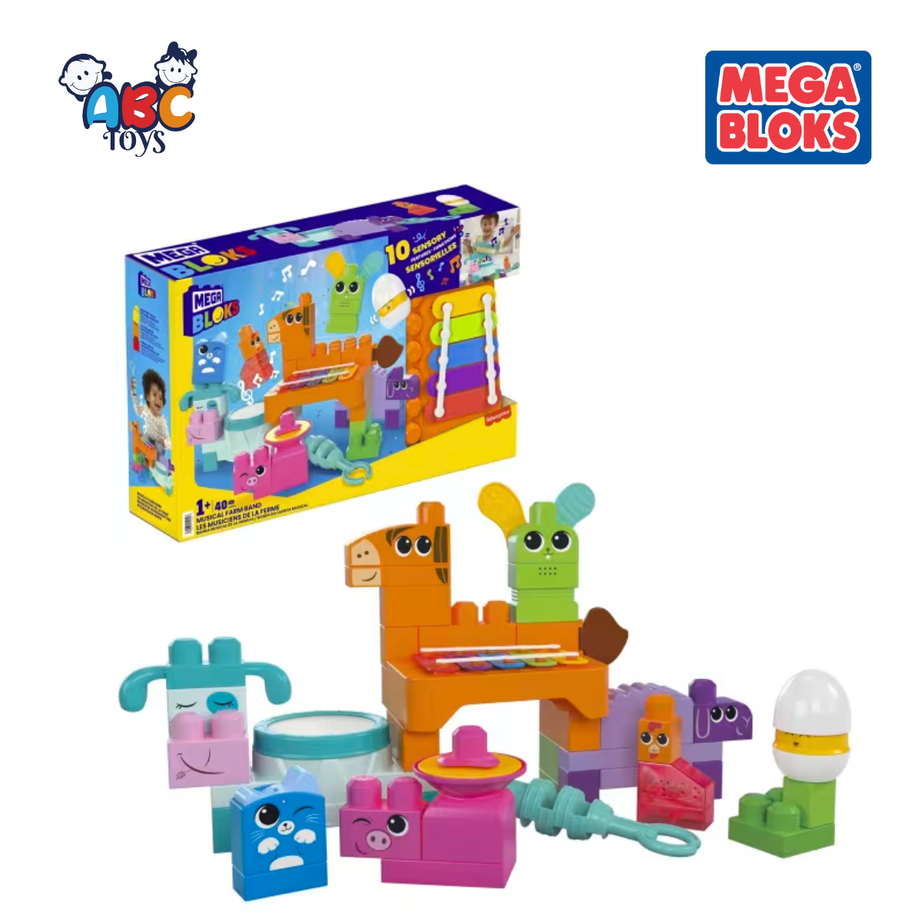MEGA BLOKS HPB46 Musical Farm Band Sensory Block Toy (45 Pcs), Ages 1+