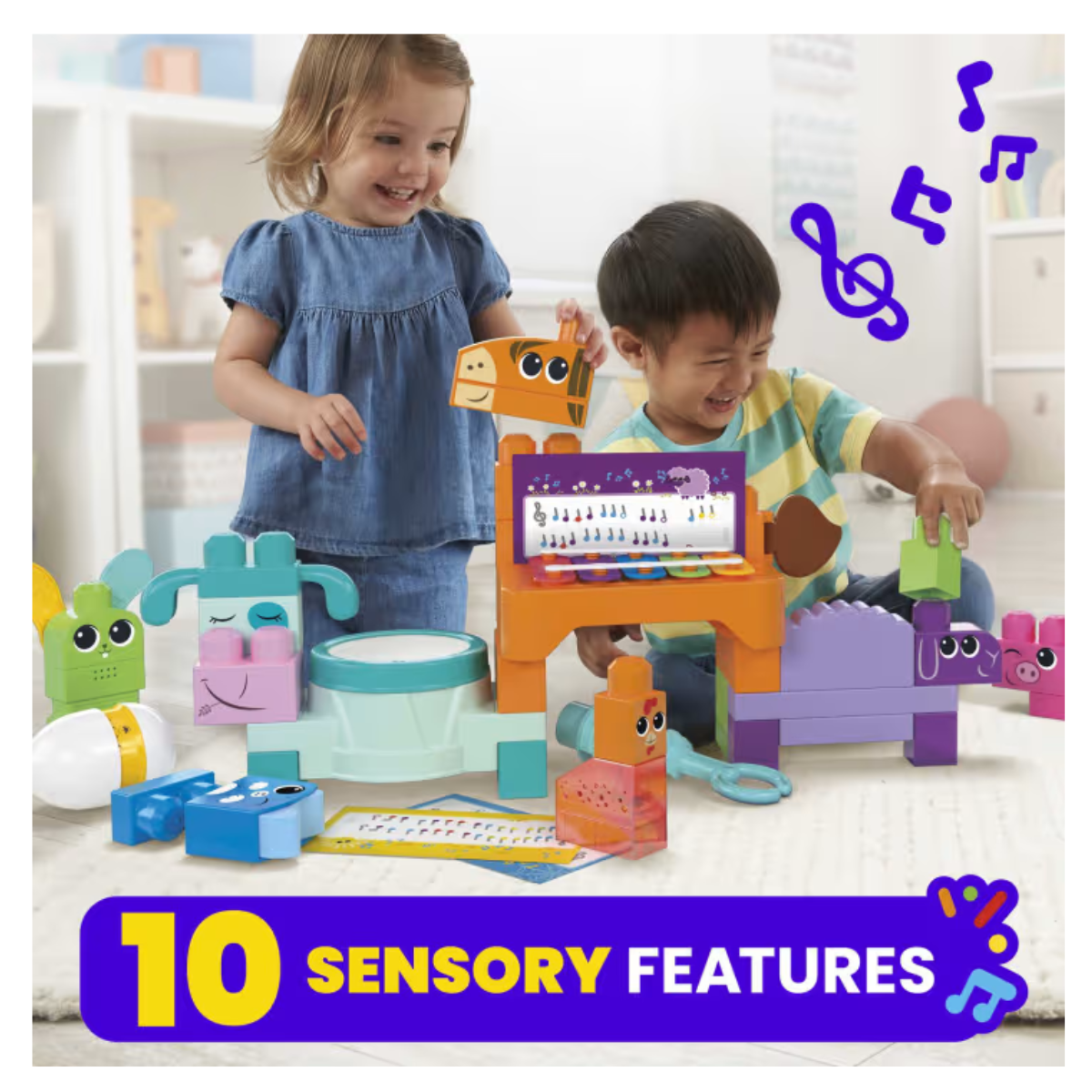 MEGA BLOKS HPB46 Musical Farm Band Sensory Block Toy (45 Pcs), Ages 1+