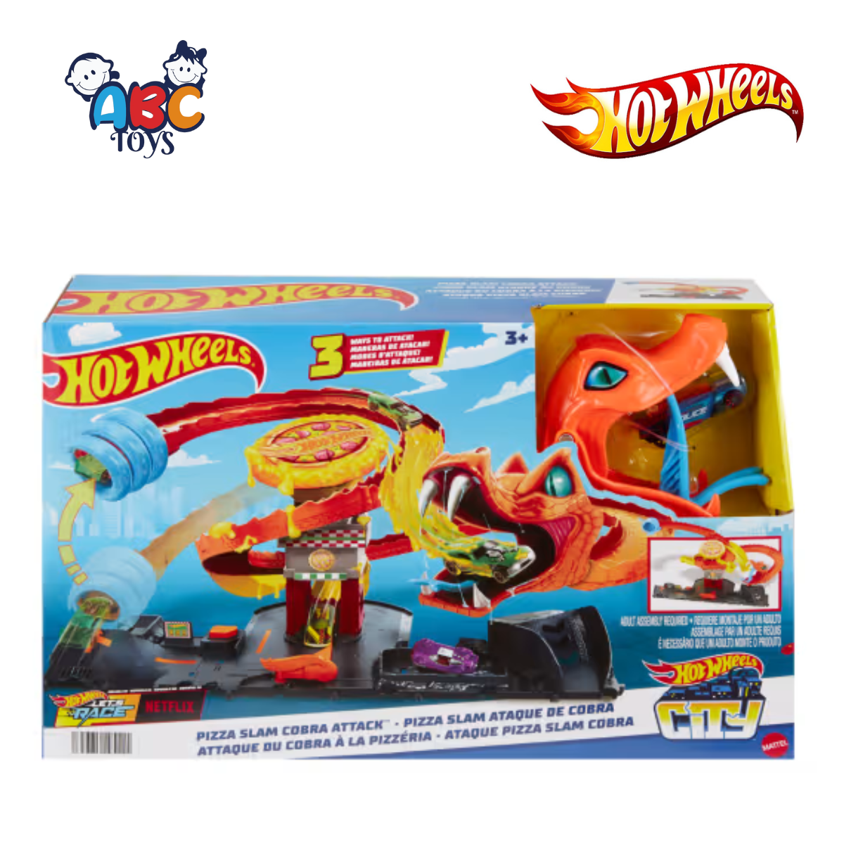 Hot Wheels HTN81 City Pizza Slam Cobra Attack Playset With 1:64 Scale Toy Car, Ages 3+