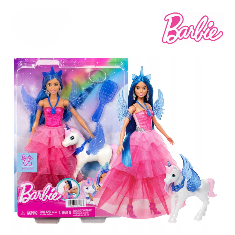 Barbie HRR16 65Th Anniversary Unicorn Doll With Blue Hair, Pink Gown & Pet Alicorn, Ages 3+