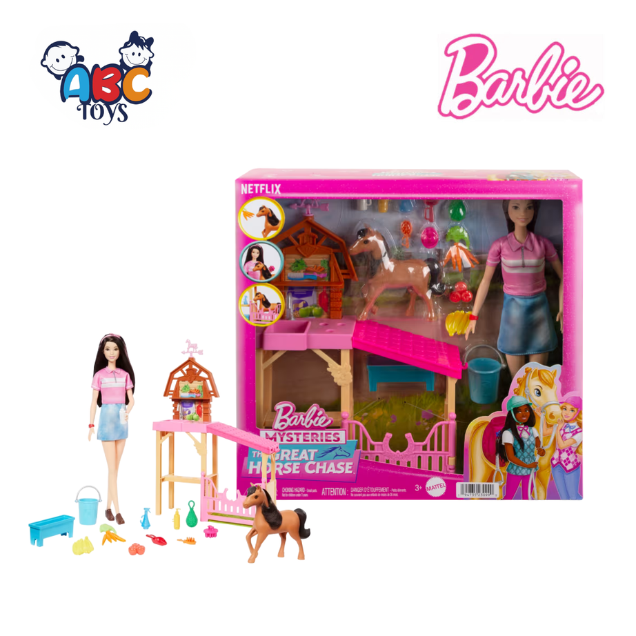 Barbie Mysteries HXJ40 The Great Horse Chase Stable Playset with 10+ Accessories, Ages 3+