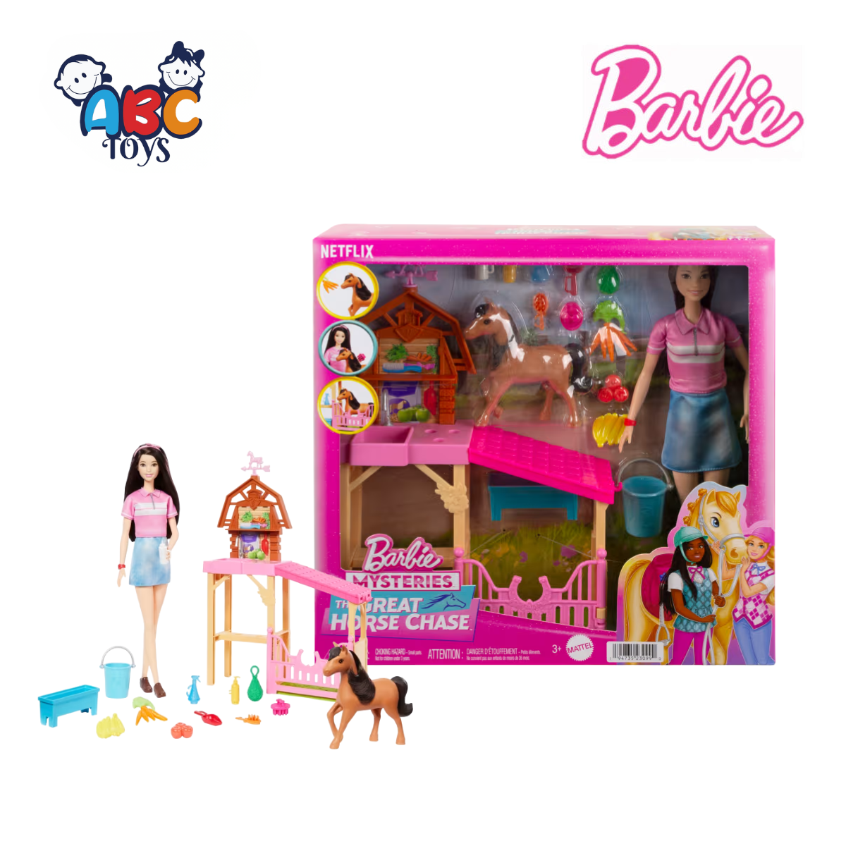 Barbie Mysteries HXJ40 The Great Horse Chase Stable Playset with 10+ Accessories, Ages 3+