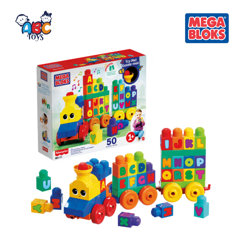 MEGA BLOKS FWK22 First Builders ABC Musical Train Toy With Music 50pcs, Ages 1+
