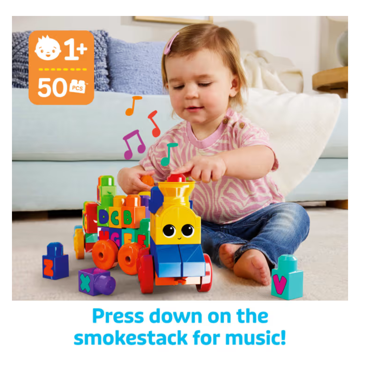 MEGA BLOKS FWK22 First Builders ABC Musical Train Toy With Music 50pcs, Ages 1+