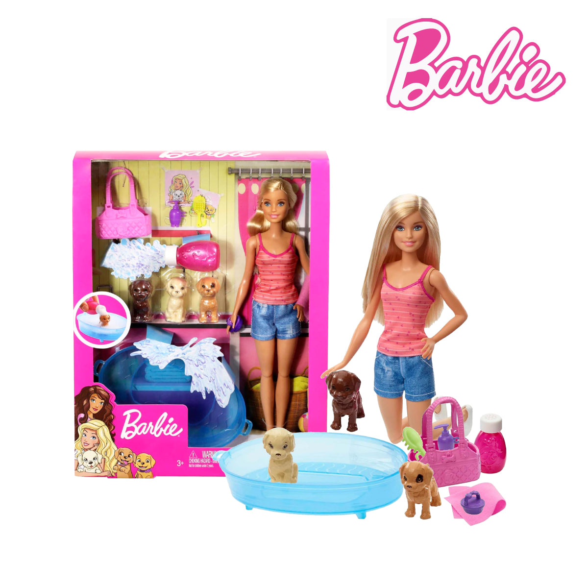 Barbie GDJ37 Dog Bath Play Set with Doll and Three Puppies and Accessories