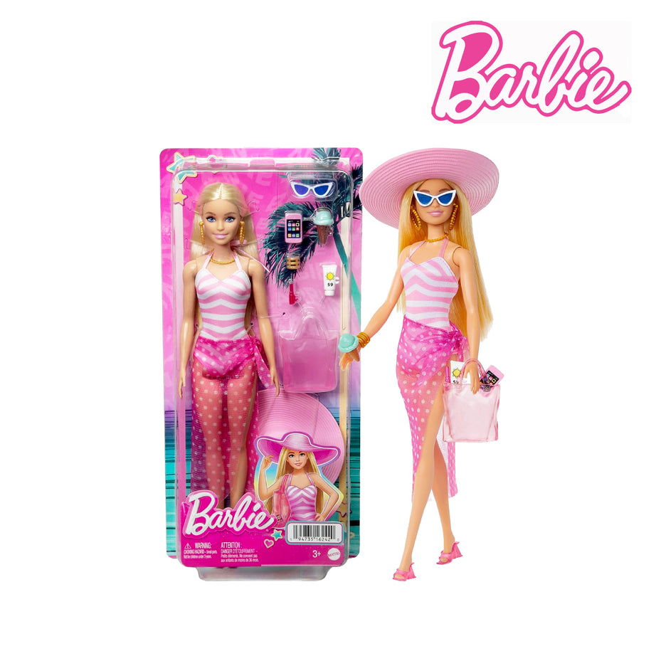 Barbie HPL73 Blonde Doll With Swimsuit And Beach-themed Accessories