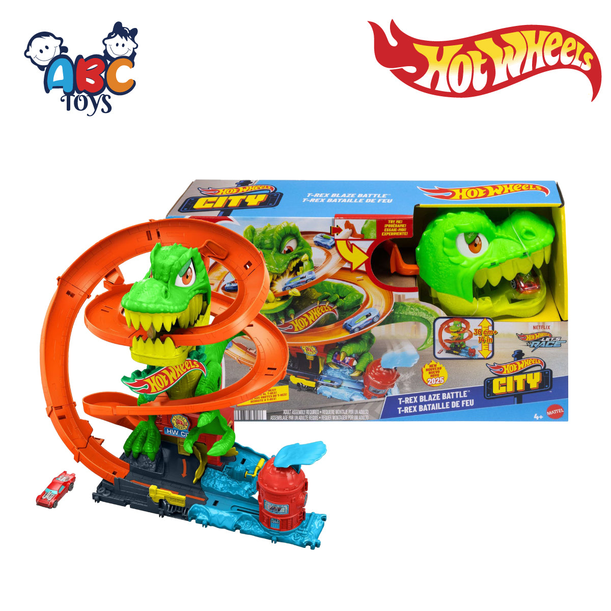 Hot Wheels JBM73 T-Rex Fire Battle Dinosaur Playset with Truck, Ages 3+