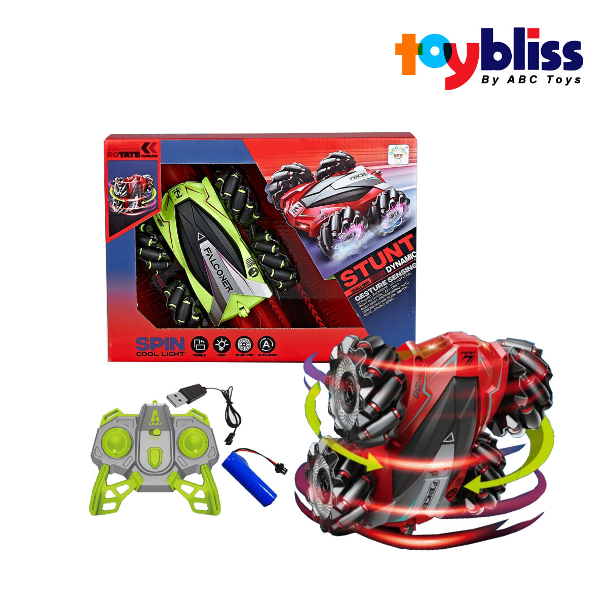 Toybliss WIZCOM 2.4 GHz Spin Cool Light Remote Control Stunt Vechile (1366A), Age 3+
