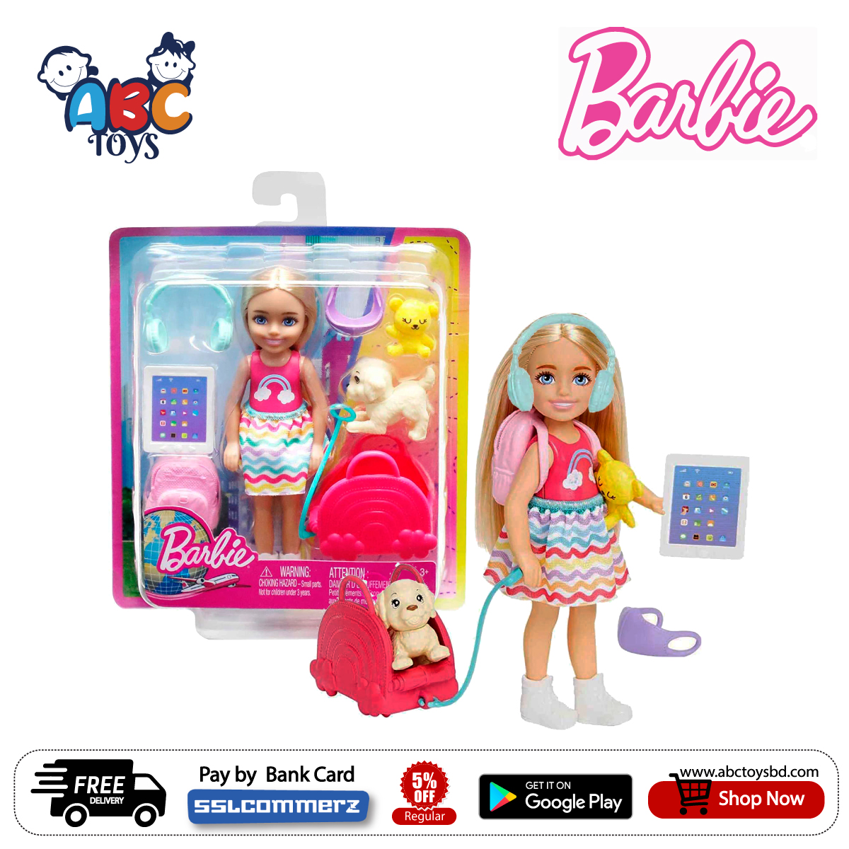 Barbie HJY17 Chelsea Travel Set With Puppy - Abc Toys